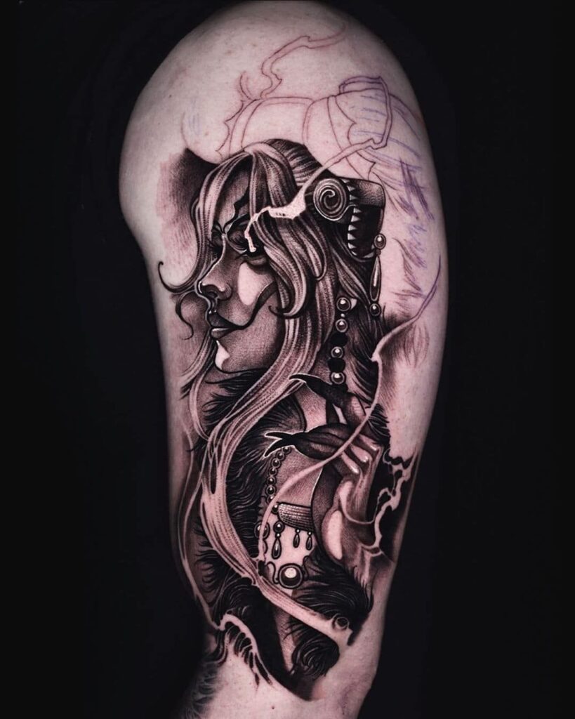 Tattoo on the shoulder in a fantasy style