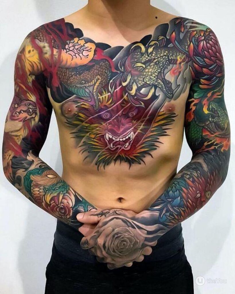 Tattoos on chest and arms in fantasy style