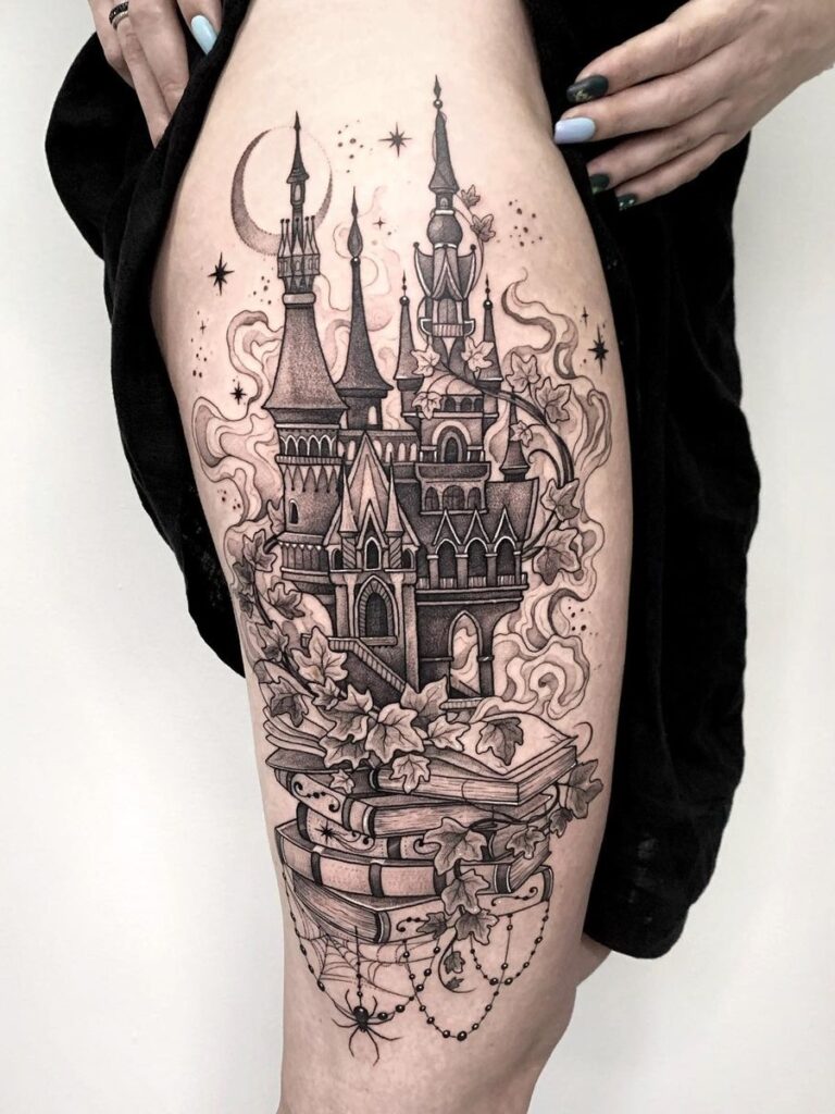 Tattoo on the leg in fantasy style