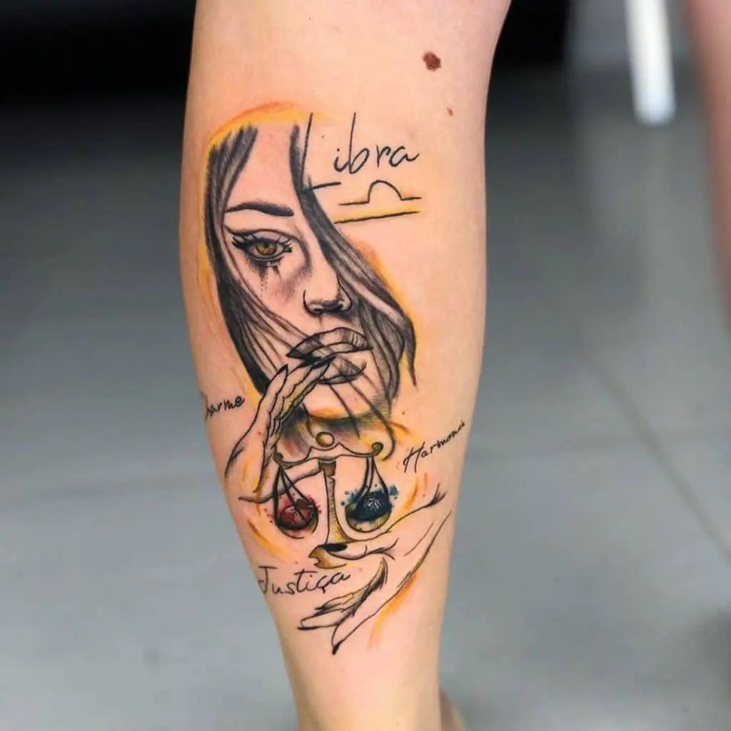 Zodiac sign Libra tattoo on the leg