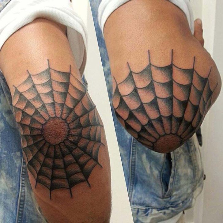 Tattoo of a spider web on the elbow