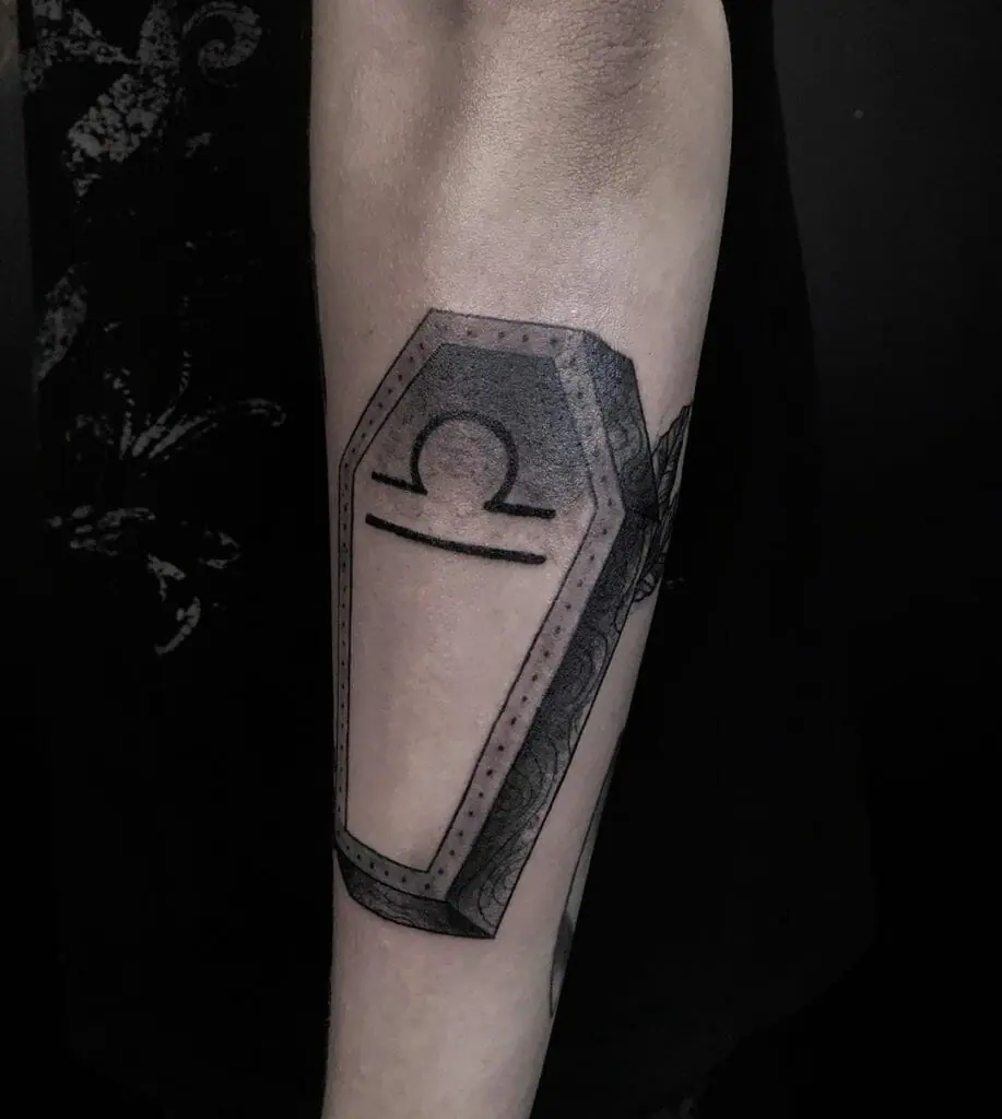 Libra tattoo, casket tattoo on forearm