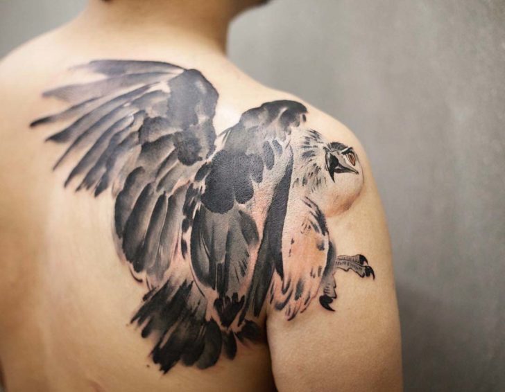 Tattoo of a hawk on the shoulder blade