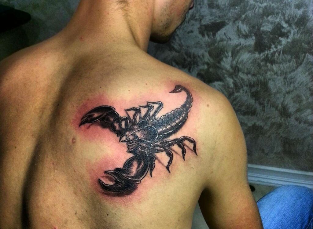 Scorpion tattoo on shoulder blade