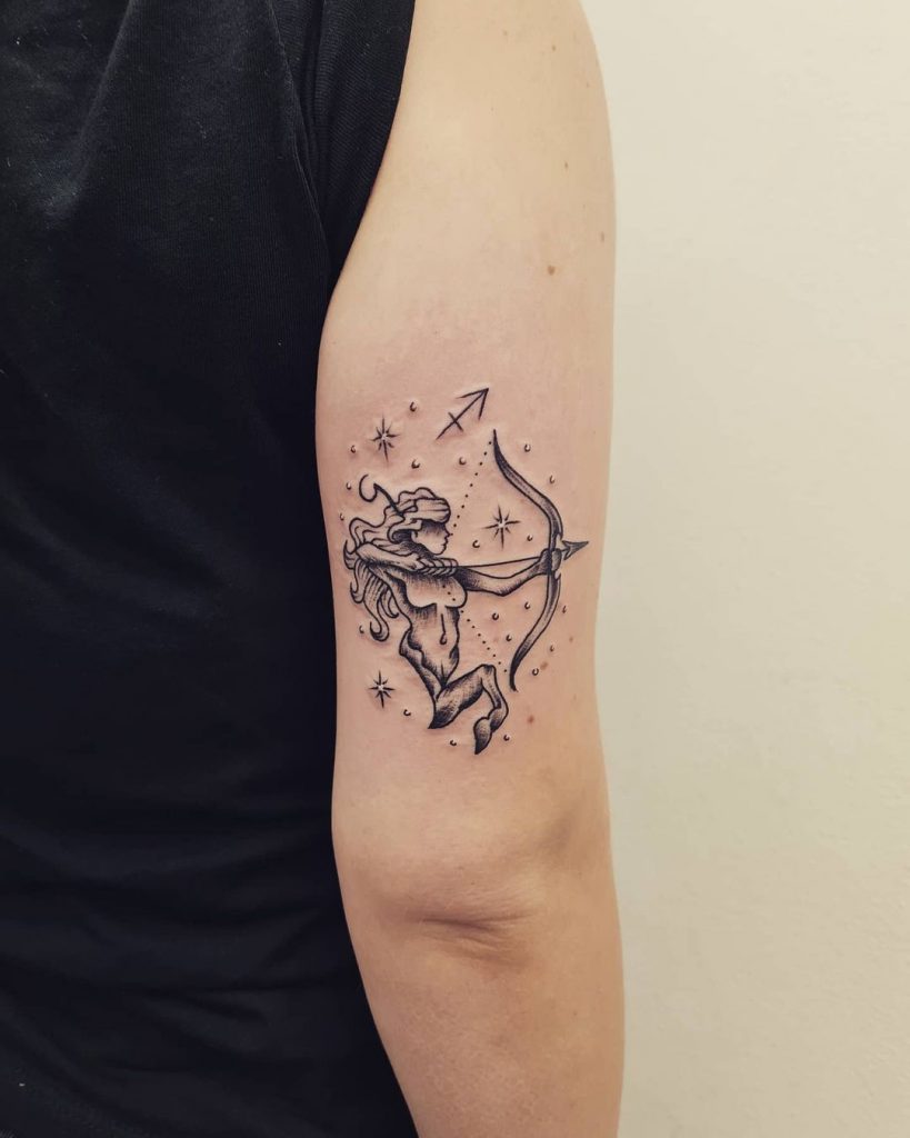 Tattoo of the zodiac sign Sagittarius on the shoulder