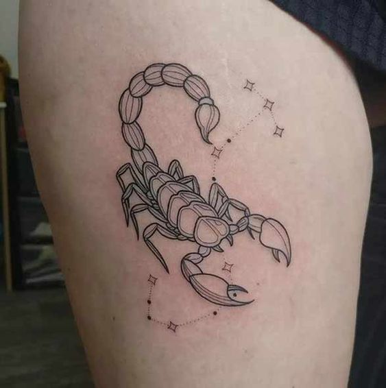 Tattoo of a scorpion on the thigh