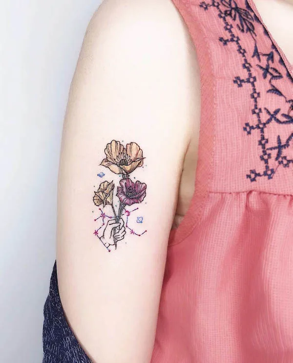 Tattoo bouquet and stars zodiac sign Gemini