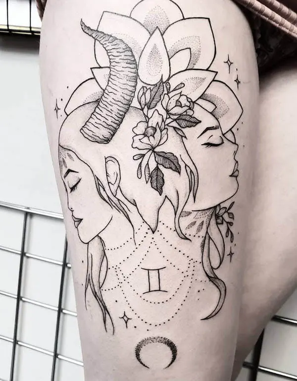 Gemini tattoo on leg