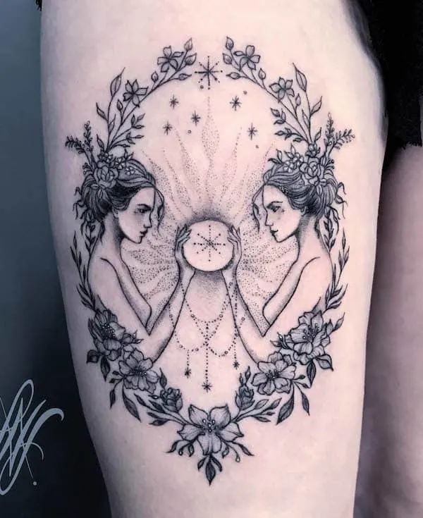 Witch tattoo Gemini on leg