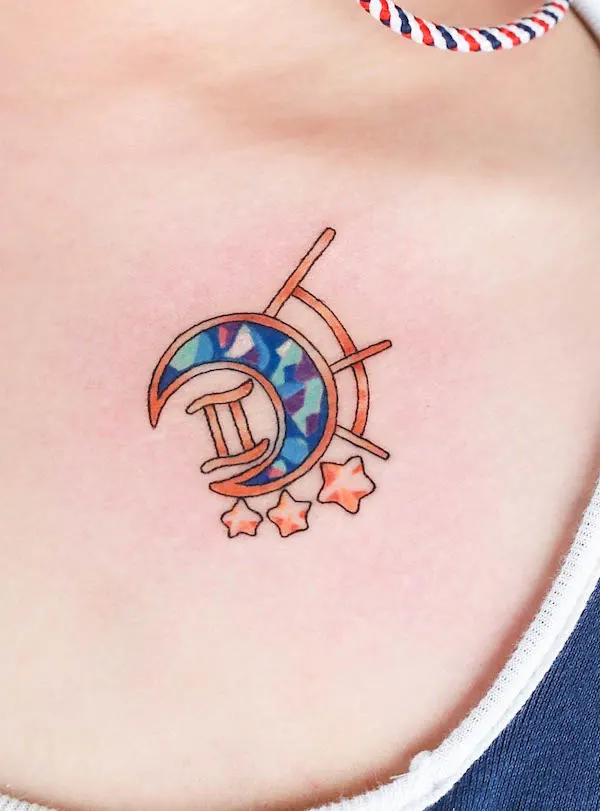 Gemini tattoo with precious stones