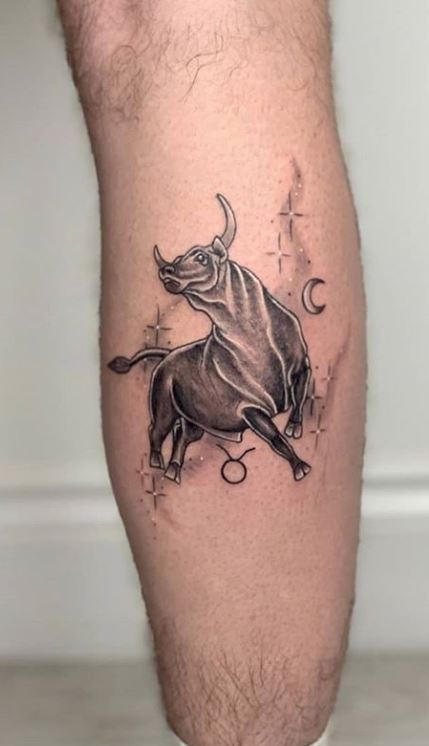 Taurus zodiac sign tattoo on the shin for men