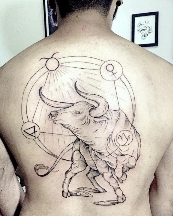 Taurus zodiac sign tattoo on the back for men