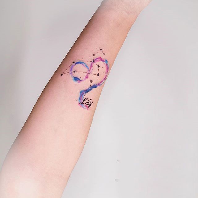 Tattoo of the zodiac symbol and constellation on the forearm for women