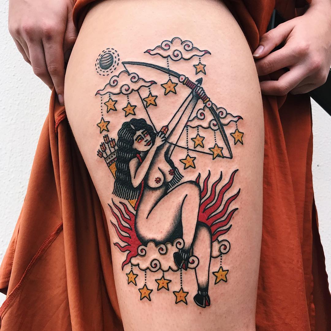 Sagittarius zodiac sign tattoo on the hip for women