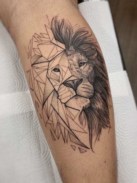 Tattoo of the zodiac sign lion on the shin for men