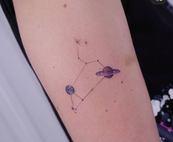 Tattoo of the constellation zodiac sign lion on the leg