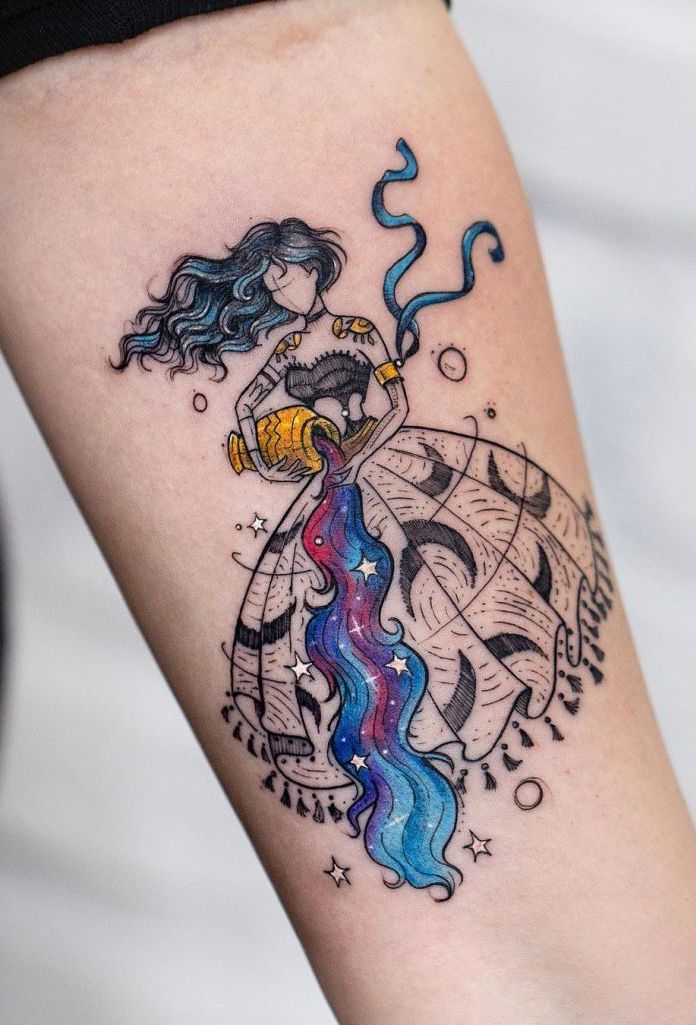 Aquarius zodiac sign tattoo on forearm for women