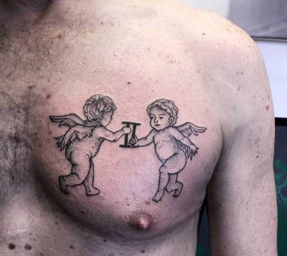 Tattoo of the zodiac sign Gemini on the chest for men