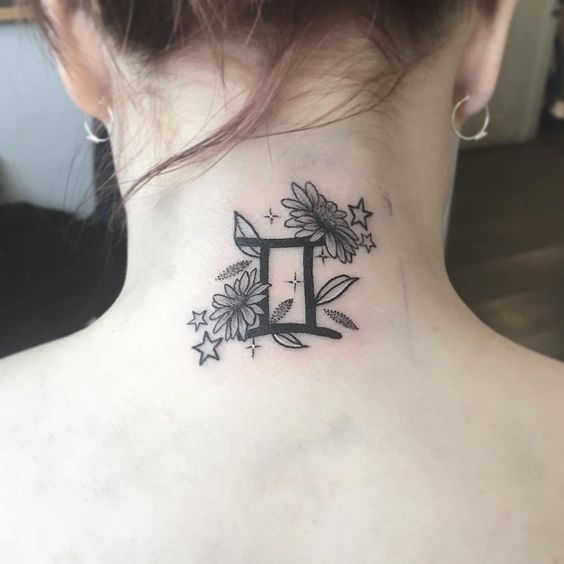 Tattoo of the zodiac sign Gemini on the back of the head for women