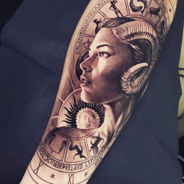 Tattoo of the zodiac sign of Aries on the forearm for women