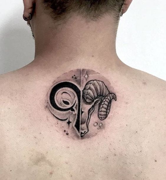 Tattoo of the zodiac sign of Aries on the back for men