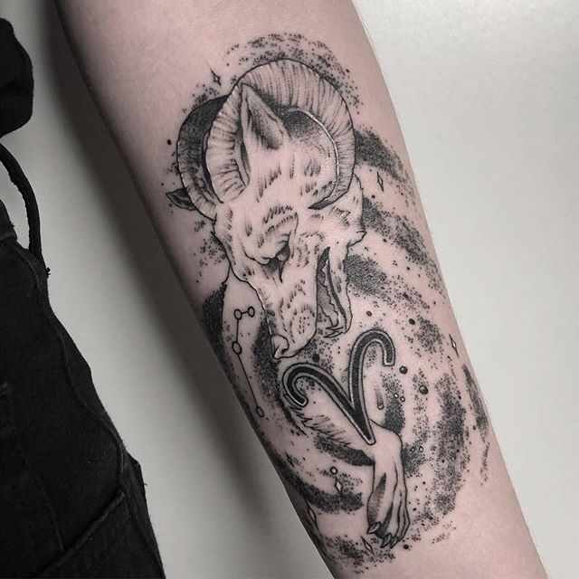 Tattoo of the zodiac sign of Aries on the forearm for men