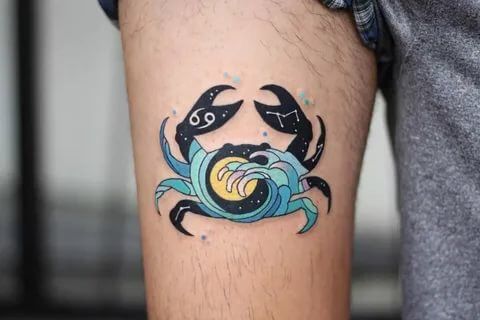 Tattoo of the zodiac sign of Cancer on the hip for men