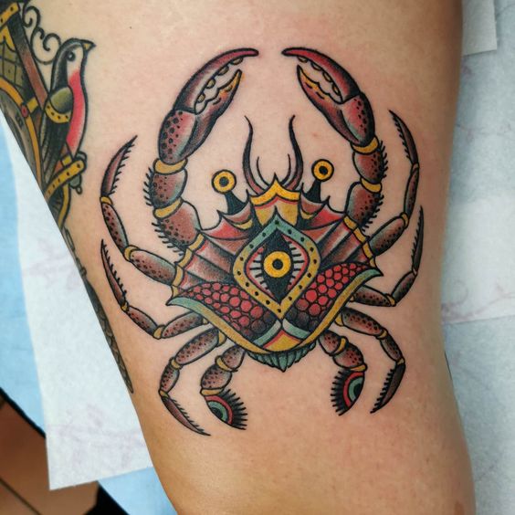 Tattoo of the zodiac sign of Cancer on the leg