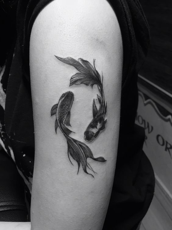 Tattoo of the zodiac sign of a fish on the shoulder for men