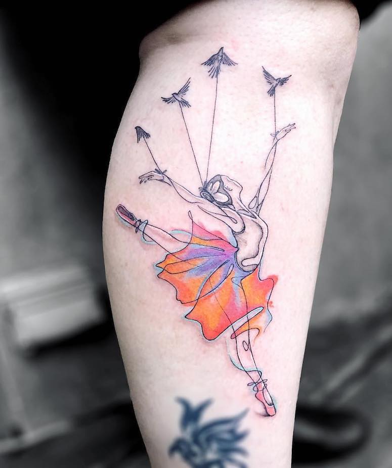 Ballerina tattoo on the shin for men