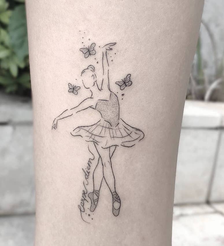 Ballerina tattoo on the leg for women