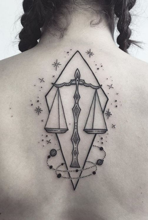 Tattoo of the zodiac sign Libra on the back for women