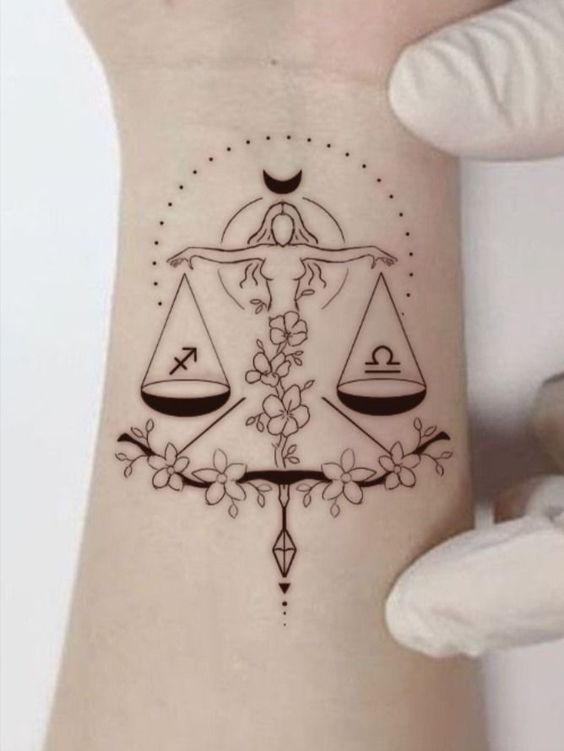 Tattoo of the zodiac sign Libra on the wrist for women