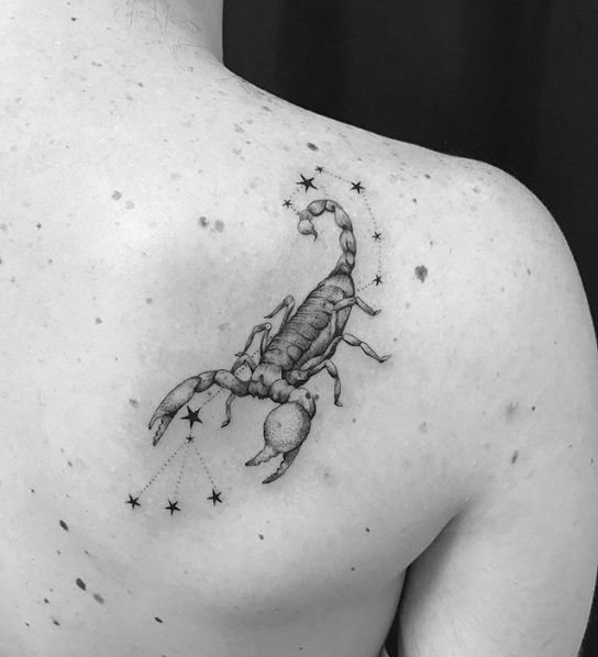 Tattoo of the constellation zodiac sign scorpion on the shoulder blade for men