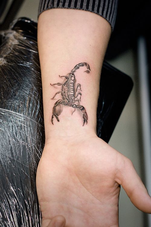 Tattoo of the zodiac sign of a scorpion on the wrist for men