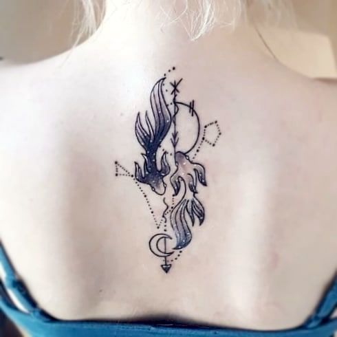 Tattoo the constellation sign of the zodiac fish on the spine for women