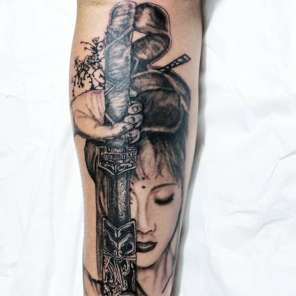 Geisha tattoo on the forearm for men