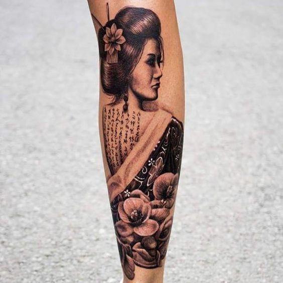 Geisha tattoo on the calf