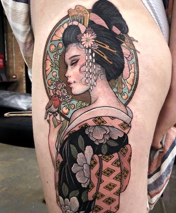 Geisha tattoo on the hip for women