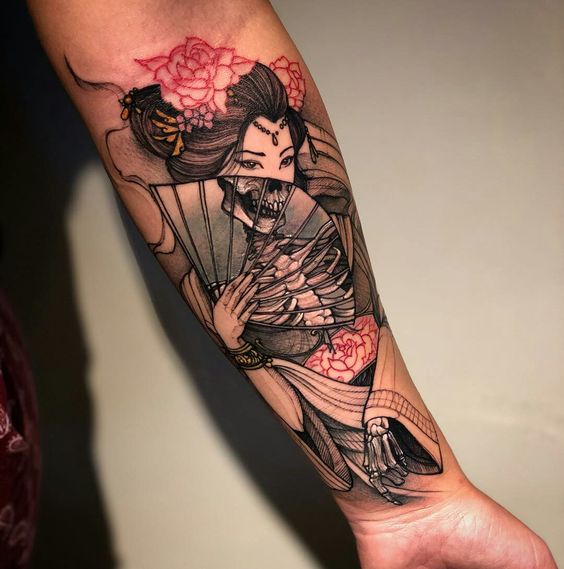 Geisha tattoo on the forearm for men