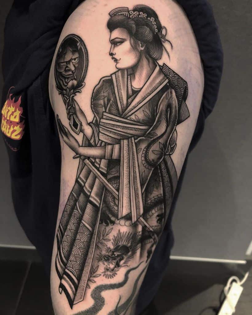 Geisha tattoo on the shoulder for men