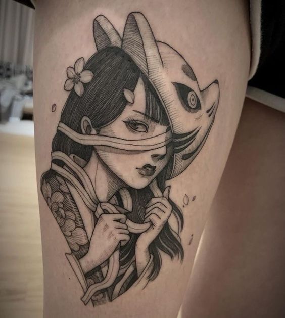 Geisha tattoo on the hip for women