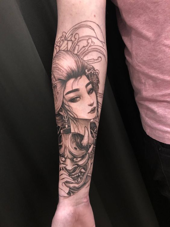 Geisha tattoo on the forearm for women