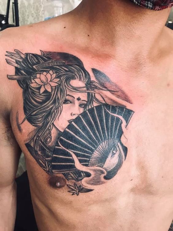 Geisha tattoo on the chest for men