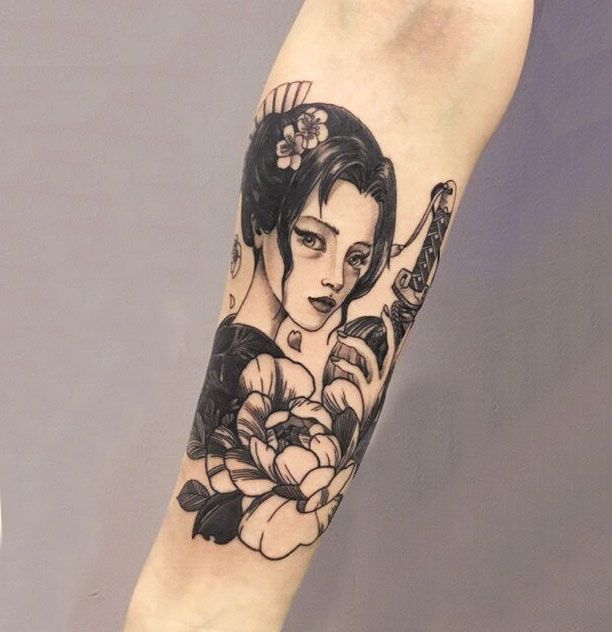 Geisha tattoo on the forearm for men