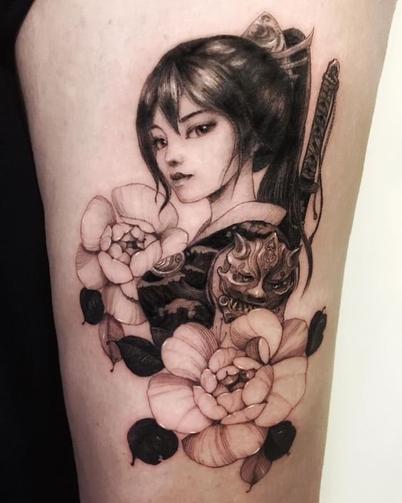 Geisha tattoo on the hip for women