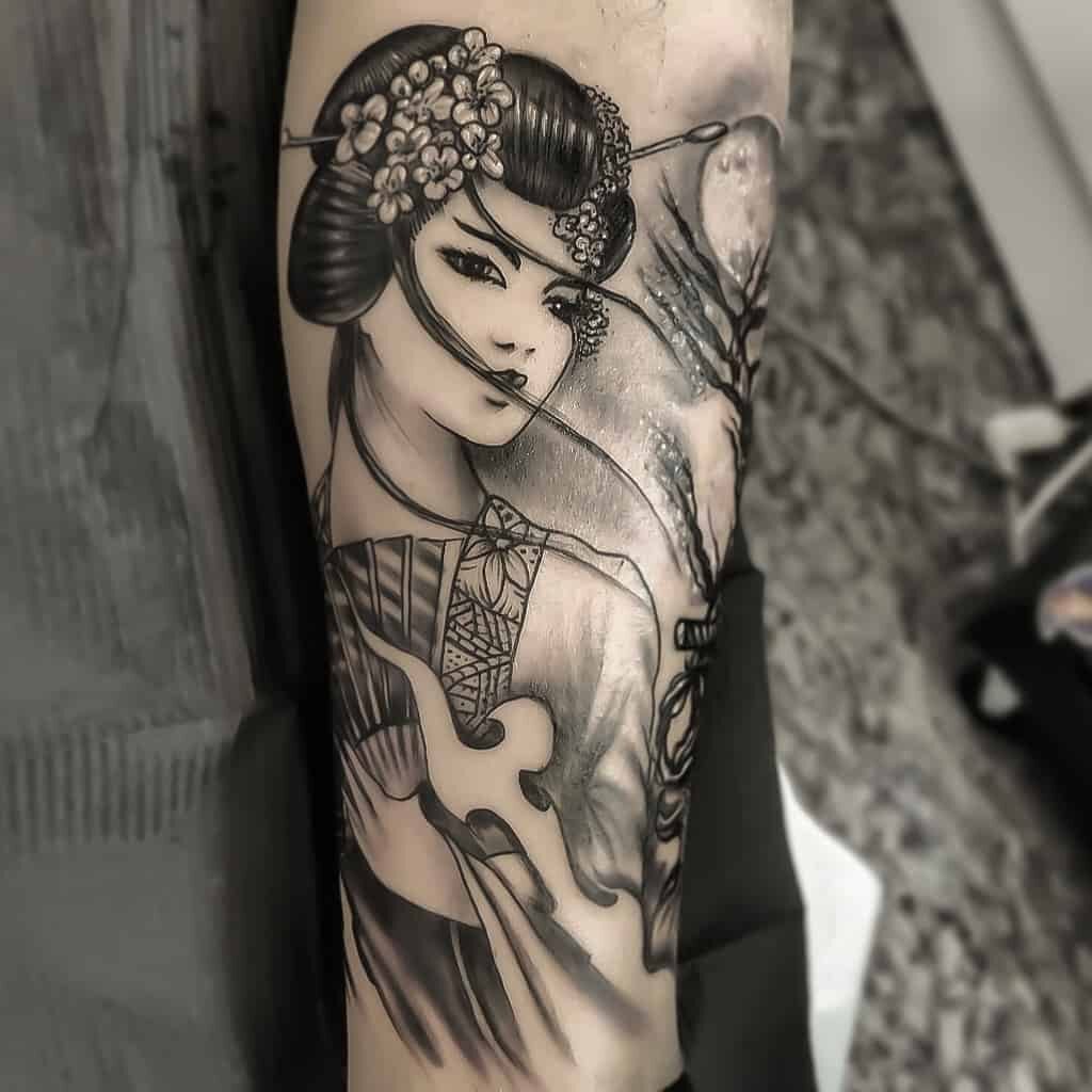 Geisha shin tattoo for men