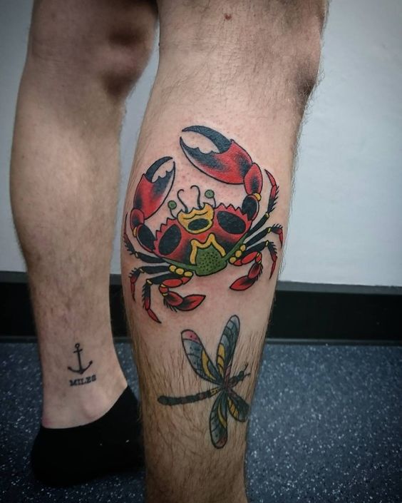 Zodiac sign cancer tattoo on the shin for men