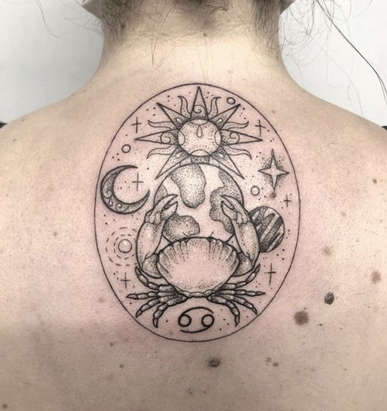 Tattoo of the zodiac sign of Cancer on the back