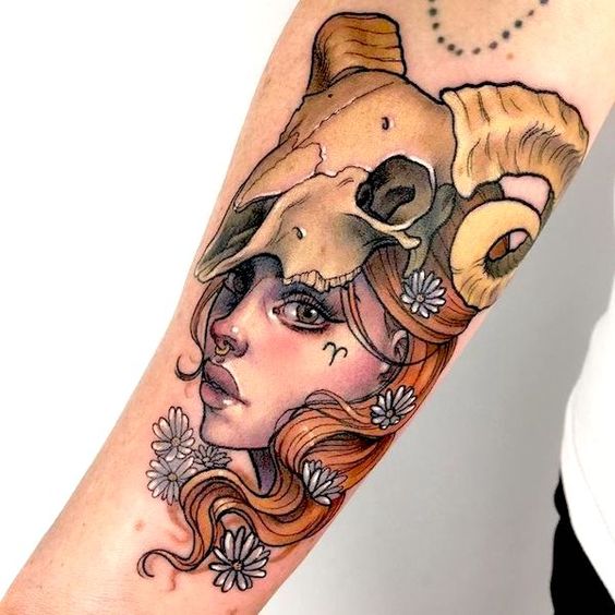 Tattoo of the zodiac sign Aries on the forearm for women